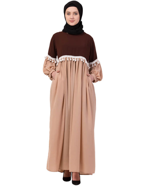 Muslim Two Color With Lace Gathered Abaya Brown